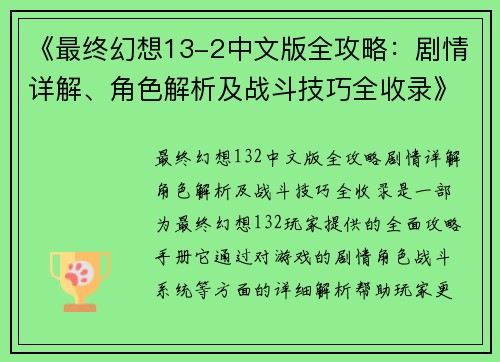 《最终幻想13-2中文版全攻略：剧情详解、角色解析及战斗技巧全收录》