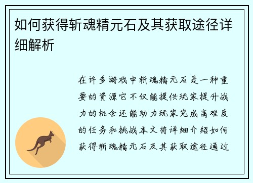 如何获得斩魂精元石及其获取途径详细解析
