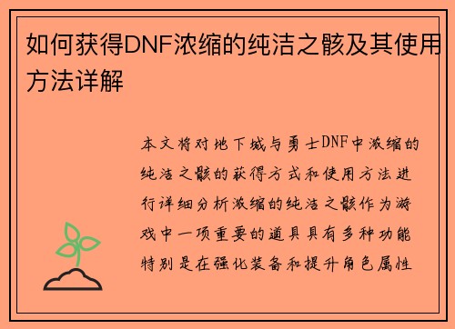 如何获得DNF浓缩的纯洁之骸及其使用方法详解